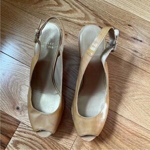 Stuart Weitzman Tan Peep-Toe Slingback Heels